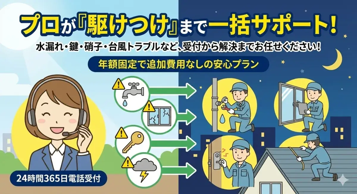 24時間365日、受付だけでなく、入居者様やテナント様の困りごとに対して、電話受付から駆けつけまでワンストップで対応